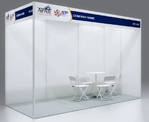 Shell scheme booth render with two open sides
