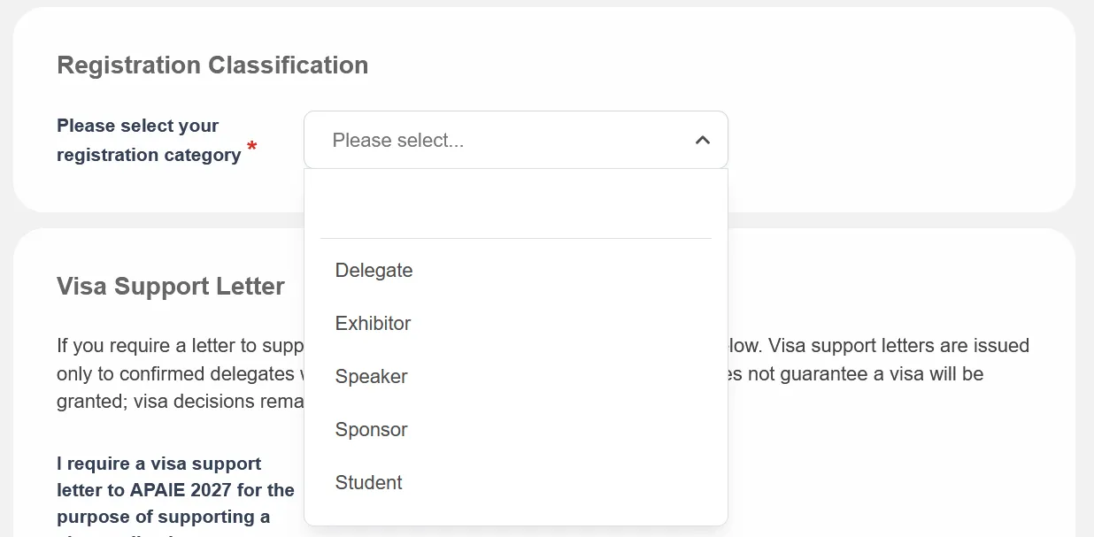Registration Classification options showing Sponsor and Exhibitor