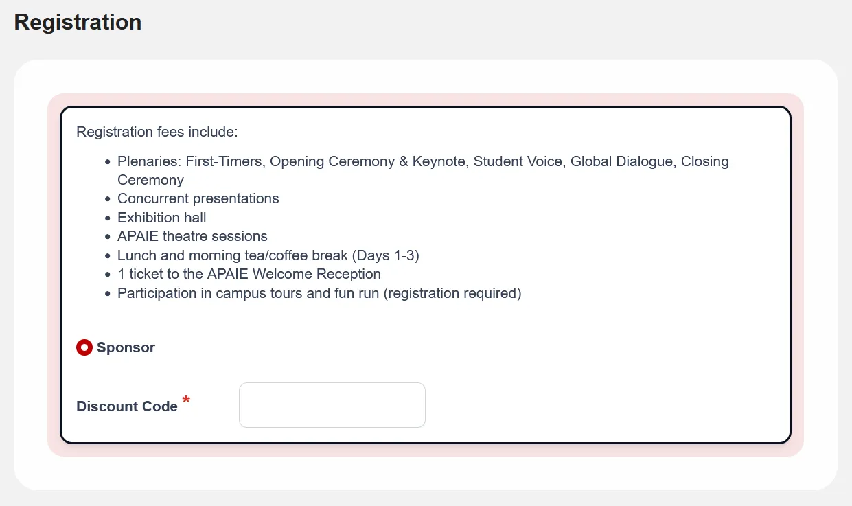 Registration category selection with discount code field